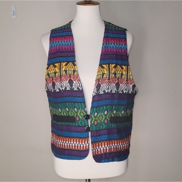 Vintage Jackets & Blazers - MULTICOLOR Black Multicolor V-Neck Textured Sleeveless Vest Pockets - Large